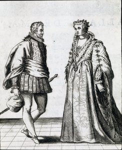 Pari italialaista aatelistoa. Kaiverrus "" Il ballarino "" (tai Il dancer) käsittelee tanssimestari Fabritio Caroson (1527 / 1535-1605 / 1620) tanssia 1581. Civic Museum Biblioteca Musicale, Bologna tekijältä Italian School