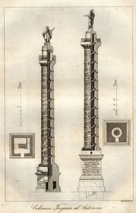 Poikkileikkauskaavio Trajanuksen pylväästä (Trajane-pylväs) (113 jKr.) ja Antoninus Piuksen pylväästä (161 jKr.) Roomassa - kaiverrus kirjasta "Universumin kaikkien kansojen käyttö ja tavat. Se on hallituksen, lakien, miliisin, uskonnon historiaa tekijältä Italian School