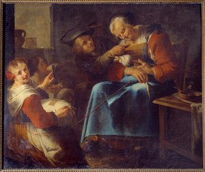 Nukkuva vanha elokuvantekijä lasten ympäröimänä Maalausta italialaisesta koulusta. 1600-luvun Laon, Kuvataidemuseo tekijältä Italian School
