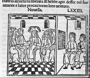 Tarina nunnan rakkaudesta. Kuva italialaisen kirjailijan Giovanni Boccaccio dit Jean Boccaccion (1313-1375) "Decameron" -uutisille 82 (uusi 2 yhdeksännestä päivästä). Kaiverrus "" Decamerone ouer Cento nouelle"" Venetsia, Bartolomeo de 