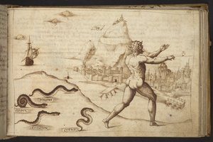 Lisätä. 82955, f.133   Käärmeet jahtaavat ihmishahmoa.  , Historia Animaliumilta, (koostuu 245 kynällä ja musteella tehdystä piirroksesta eri eläinlajeista ja myyttisistä olennoista, joista jokaiseen on liitetty kuvaus.)    1595 tekijältä Italian School