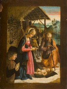 Lapsen palvonta lahjoittajan muotokuvalla, n.1500 (tempera taulussa) tekijältä Italian School