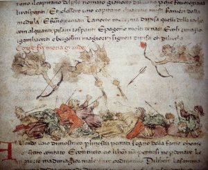 Allegorinen kuvaus mustasta surmasta Euroopassa vuosina 1347-48, "Croniche del Sercambi", noin 1400 (tussi ja muste pergamentille). tekijältä Italian School
