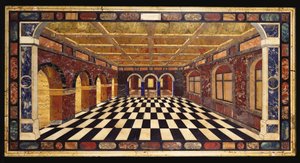 Italialainen pietre dure upotekoristeinen marmorinen pöytälevy, joka kuvaa taantuvan arkadoidun gallerian sisätilaa tekijältä Italian School