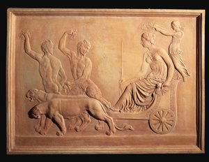 Italialainen terrakottakuviotaulu, joka kuvaa Ariadnen voittoa, Bacchus"-pantterin piirtämässä vaunussa Silenuksen ja Panin katsomassa, n. 1870 tekijältä Italian School