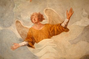 Enkeli, yksityiskohta Johanneksen elämän kohtauksista (1600-luku), fresko, varhaiskristillinen kastemalja, Novaran katedraalin porttikirkko, Piemonte, Italia. tekijältä Italian School