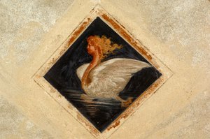 Antropomorfinen joutsen, fresko, Ternengo Gromon palatsi (1500-luku), Piazzon keskiaikainen kortteli, Biella, Piemonte, Italia tekijältä Italian School