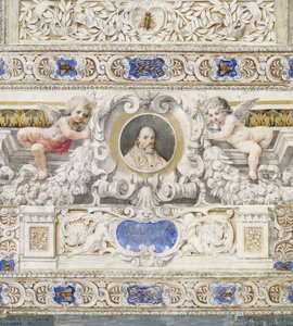 Arkkitehtoninen kaava, jossa paavi Urbanus VIII:n (1568-1644) muotokuva kartussissa luultavasti 1600-luvulta (wc) tekijältä Italian School