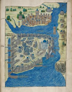 Arundel 93 fol.155 Konstantinopolin ja Peran kartta, Cristoforo Buondelmontin (n. 1385–1430) julkaisusta Liber Insularum Cycladum, n. 1485 (vellum) tekijältä Italian School