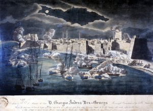 Sardinian laivaston hyökkäys Tripolin satamaan barbaaripiratismin vastaisten operaatioiden aikana vuonna 1825. tekijältä Italian School