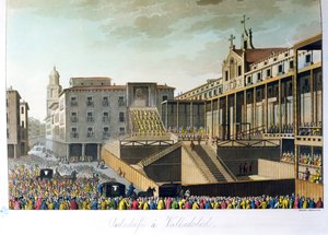 Auto da Fe Valladolidissa, Jules Ferrarion teoksesta Le Costume Ancien et Moderne, kaiverrus Bramati ja Raineri, julkaistu Milanossa, noin 1820 tekijältä Italian School