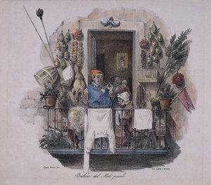 Parveke pienellä laiturilla Napolissa, Italiassa, 1800-luku (litografia) tekijältä Italian School