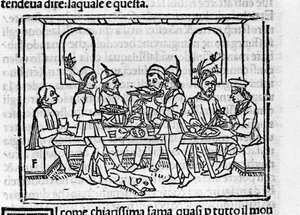 Juhlakohtaus Firenzen aateliston jäsenten läsnäollessa. Italialaisen kirjailijan Giovanni Boccaccio dit Jean Boccacen (1313-1375) kuvitus "Dekameronille". Kaiverrus "" Decamerone ouer Cento nouelle"" Venetsia, Bartolomeo de 
