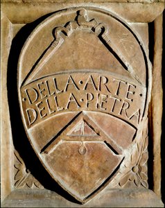 Kivityöläisten seurakunnan Blazon. Kompassi ja neliö ovat edustettuina. 1300-luvun Siena, Biblioteca degli Intronati tekijältä Italian School
