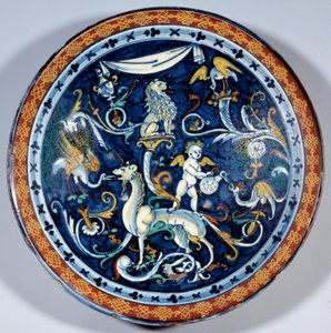 Cafaggiolo fajanssikuppi koristaa upeita eläimiä. 1510-1520 Pariisi, Louvre-museo tekijältä Italian School