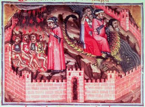 Canto XVII Neljä sodomiittia: Dante ja Vergilius ratsastavat Geryonin selässä huijareiden piiriin, jumalallisesta komediasta (The Inferno), n. 1313