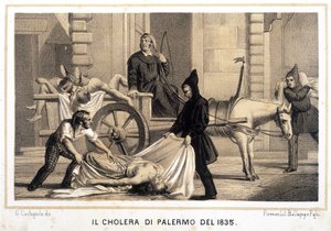 Kärry poimi kuolleita koleraepidemian aikana Palermossa vuonna 1835. tekijältä Italian School
