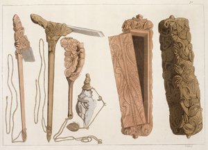 Kaiverrettuja ja koristeltuja aboriginaalityökaluja, kuvitus 1800-luvun alun matkakirjojen kokoelmasta tekijältä Italian School