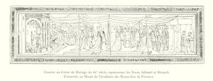 Cassone tai Avioliittoarkku 1400-luvulta, joka edustaa Adimarin ja Ricasolin häitä, konservoitu Firenzen Kuvataideakatemian museossa (kaiverrus) tekijältä Italian School
