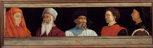 Cassone, jossa on 5 muotokuvaa Firenzen renessanssin mestarista (vasemmalta oikealle Giotto di Bondone, Paolo Uccello, Niccolo Donatello, Antonio Manetti, Filippo Brunelleschi). 1500-luvun italialainen koulu. Alla oleva kirjoitus on todennäköisesti onnistu tekijältä Italian School