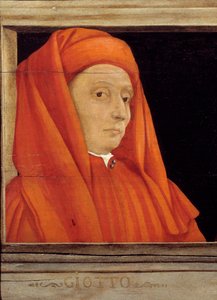 Cassone, jossa 5 muotokuvaa Firenzen renessanssin mestarista, yksityiskohta Bondonen muotokuvalla Ambrogio dit Giotto di Bondone (n. 1267-1337), 1500-luvun italialainen koulukunta, öljy puulle. Alla oleva kirjoitus on todennäköisesti peräkkäinen. Musee d tekijältä Italian School