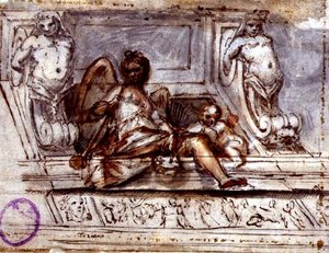 Kattosuunnittelu Muse of Musicin kanssa, n. 1700 (kynä ja muste akvarelleilla paperille) tekijältä Italian School
