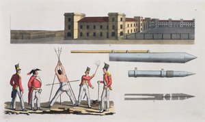 Chatham Barracks, sotilaallinen rangaistus nimeltä Triangle ja Congreve Rockets, levy 17 julkaisusta The History of the Nations (akvatinta) tekijältä Italian School