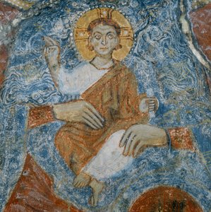 Kristus, yksityiskohta freskosta Madonna ja lapsi enkeleiden Raffaelin ja Gabrielin kanssa tekijältä Italian School