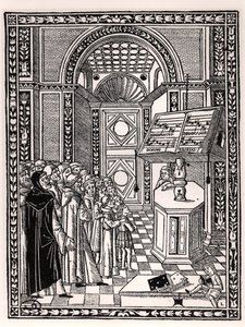 Kirkkokuoro, kuvitus Franchino Gaffurion (1451-1522) Practica Musicaesta, julkaistu Venetsiassa 1512 tekijältä Italian School