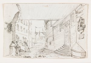 Genovan kaupunkikatu, taustalla majakka ja satama, 1800-luvun alku (kynä ja ruskea muste mustan liidun päällä) tekijältä Italian School
