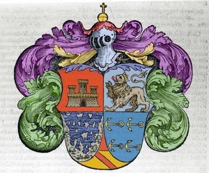 Navigaattori Christopher Columbuksen (1451-1506) vaakuna: ecun neljä osaa edustavat yläosassa Kastilian ja Leonin kaupunkia, peittämättömien saarten ja ihailijan ankkurien alla. Kaiverrus kirjasta "" Navigationi ja Viaggi"" tekijältä Italian School