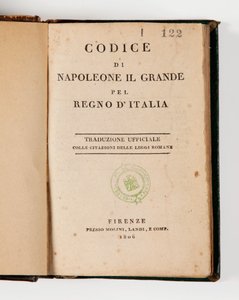 Napoleon Suuren koodi Italian kuningaskunnalle, avattu otsikkosivulla, julkaistu Firenze, Molini, Landi et Cie, 1806 (painettu paperi) tekijältä Italian School