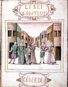 Li sei contentin komedia "Valittujen histrionien skenaariot" (1621 - 1643) käsikirjoituksen jälkeen. Rooma, Accademia dei Lincei. tekijältä Italian School