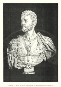 Cosimo I, rintakuva marmorissa ja porfyyrissä, kirjoittanut Benvenuto Cellini, Uffizissa (kaiverrus) tekijältä Italian School