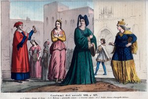 Puvut Sienassa XIII ja XIV vuosisadalla - vaatteet Sienassa XIII ja XIV vuosisadalla - kaiverrus kirjasta "" Usi e Costumes of All Peoples of the Universe. Se on hallituksen, lakien, miliisin ja kaikkien n. uskonnon historiaa tekijältä Italian School