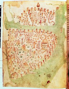 Puuvilla Vespasianus A. XIII, f.36v: Konstantinopolin kartta, n.1450 (vellum) tekijältä Italian School