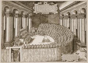 Trentin kirkolliskokous, 1563, Venetsiassa vuonna 1565 julkaistusta etsauksesta, kuvitus Englannin kirkosta: Kansan historia, H.D.M. Spence-Jones, pubi. n. 1910 (seepiavalokuva) tekijältä Italian School