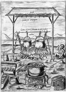 Maalaiskeittiö: padat ja kattilat laitetaan tuleen. Kaiverrus ”Ooppera”, gastronomiaa käsittelevä kirja, joka on jaettu 6 osaan, Bartolomeo Scappi, paavi Pius V. Venetsian henkilökohtainen kokki tekijältä Italian School