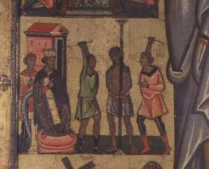 Ristiinnaulitseminen ja tarinoita kärsimyksestä: yksityiskohta Kristuksen liputusta, Luccan koulua (tempera paneelissa) tekijältä Italian School