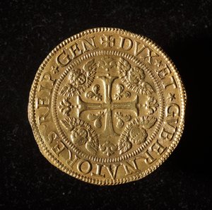 Geenien tasavallan valuutta: 12,5 kultainen kaksoiskolikko. Halkaisija 61 mm. 1656. edessä. Strada Nuovan geenimuseot (inv. 6456) tekijältä Italian School