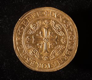 Geenien tasavallan valuutta: 25 kultaista kaksoiskolikkoa. Halkaisija 52,5 mm. 1694. Edessä. Strada Nuovan geenimuseot (inv. 6457) tekijältä Italian School
