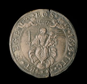 Geenitasavallan valuutta: ecun levyinen hopea. Halk. 61 mm. 1693. takaisin. Genes Musei di Strada Nuova (inv, M7097) tekijältä Italian School