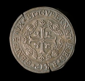 Geenitasavallan valuutta: ecun levyinen hopea. Halk. 61 mm. 1693. edessä. Genes Musei di Strada Nuova (inv, M7135) tekijältä Italian School