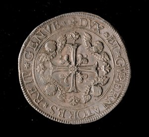 Geenien tasavallan valuutta: viiden ecun hopeakolikko. Halk. 61 mm. 1693. Edessä. Genes Musei di Strada Nuova tekijältä Italian School