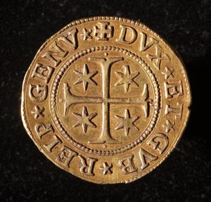 Geenien tasavallan valuutta: viisi kultaista kaksoiskolikkoa. Halkaisija 41 mm. 1642. Edessä. Strada Nuovan geenimuseot tekijältä Italian School