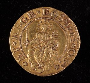 Geenien tasavallan valuutta: viisi kultaista kaksoiskolikkoa. Halkaisija 41 mm. 1642. takaisin. Strada Nuovan geenimuseot tekijältä Italian School