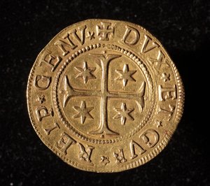 Geenien tasavallan valuutta: viisi kultaista kaksoiskolikkoa. Halkaisija 41 mm. 1652. Edessä. Strada Nuovan geenimuseot tekijältä Italian School