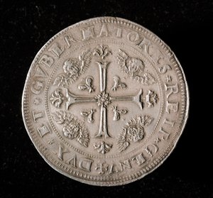 Geenien tasavallan valuutta: kuuden ecun hopearaha. Halk. 61,5 mm. 1715. Takaisin. Genes Musei di Strada Nuova (inv, M7156) tekijältä Italian School