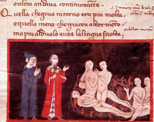 Dante et Virgil väkivaltaisten ympäröimänä (laulu 14 helvetistä jumalallisessa näytelmässä) - pienoismalli 1300-luvulta tekijältä Italian School
