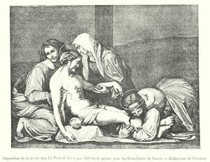 La Pieta di Luco -nimisenä tunnettu ristin laskeuma, Del Sarte, maalattu Luccon kamaldolille, Firenzen kokoelmat (kaiverrus) tekijältä Italian School